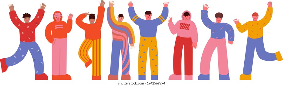 Young man waving hi. Hello gesture, male characters waving hand and happy people greets with greeting or welcome gestures. Flat vector illustration set