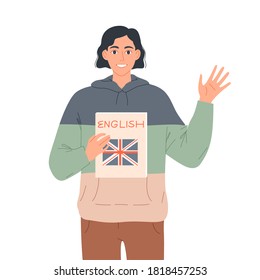 Young man waving his hand in welcome, calling to learn English