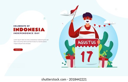 A young man waving Indonesian flag to celebrate independence day