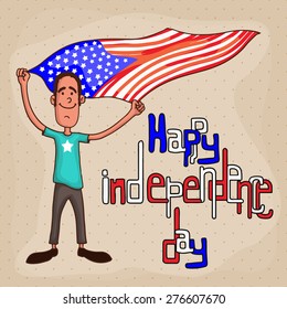 Young man waving national flag for Happy American Independence Day celebration.