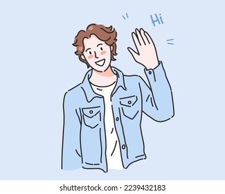 Young man waving say hello with happy and smiling, , friendly welcome gesture, vector illustration