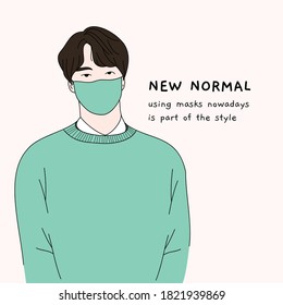 young man wear face mask. new normal lifestyle. vector illustration