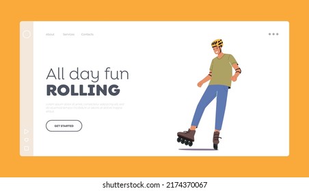 Young Man Wear Helmet Riding Roller Skates Landing Page Template. Modern Fashioned Male Character Spend Time In Skatepark, Outdoor Activity, Sport Recreation. Cartoon People Vector Illustration