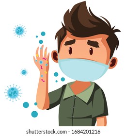 Young man wear mask insecure about his hand have a lot of germs
