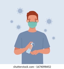 Young man wear masks Use alcohol antiseptic gel to clean hands and prevent germs. Vector illustration in a flat style