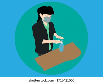 Young man wear masks Use alcohol antiseptic gel to clean hands and prevent germs. Vector illustration