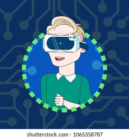 Young Man Wearing 3d Virtual Reality Glasses Icon Avatar Modern Vr Technology Concept