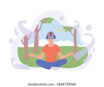 Der junge Mann, der eine 3D-Brille trägt, sitzt in Lotusposie. Yoga, Meditation, Unterhaltung im Cyberspace, Simulationen der Naturlandschaft in erweiterter virtueller Realität. Vektorgrafik.