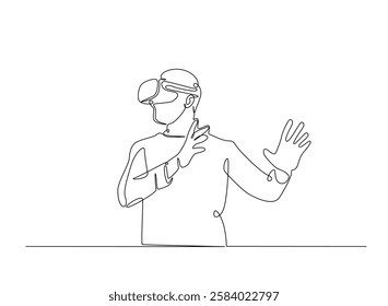 Young man wearing 3d or VR glasses in continuous one line drawing. Digital virtual reality concept line draw. Editable vector.