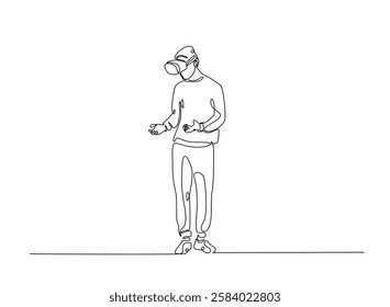 Young man wearing 3d or VR glasses in continuous one line drawing. Digital virtual reality concept line draw. Editable vector.