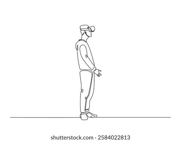 Young man wearing 3d or VR glasses in continuous one line drawing. Digital virtual reality concept line draw. Editable vector.