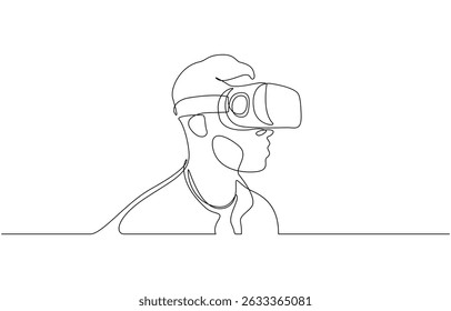 Young man wearing 3d or VR glasses in continuous one line drawing, Virtual reality game player concept one line draw design vector illustration.