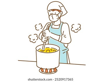 A young man wearing an apron cooking in a large saucepan