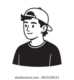 Young Man Wearing Baseball Cap Black and White Vector Illustration