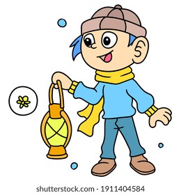 un joven con un sombrero de abeja y una bufanda camina por ahí buscando luciérnagas, dibujos de doodle kawaii. ilustración vectorial