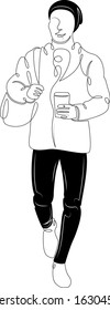 Young man wearing a black hat and black pants, with a backpack and hot coffee.Character cartoon flat isolated colored drawing sketch continuous line minimalism illustration