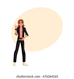 Young man wearing black leather clothes dressed as glam rock star, cartoon vector illustration with space for text. Full length portrait of young man dressed as glam rock star