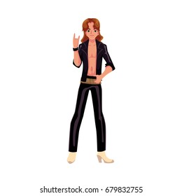 Young man wearing black leather clothes dressed as glam rock star, cartoon vector illustration isolated on white background. Full length portrait of young man dressed as glam rock star