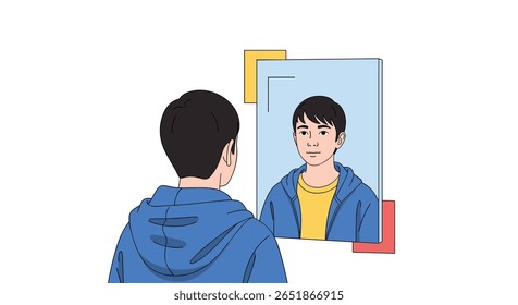 A young man wearing a blue hoodie looks into a mirror and sees his reflection