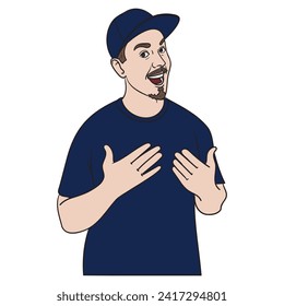 Young man wearing a blue shirt and cap laughing and showing his hands. vector drawing.