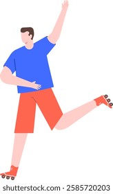 Young man wearing a blue t shirt and red shorts roller skating while joyfully waving with one hand, fully embracing the excitement of his outdoor activity and summer fun