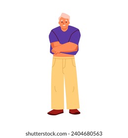 Young man wearing a blue t-shirt. Happy person dressing or changing apparel. Getting ready in the morning, putting on clothes. Flat vector character illustration isolated on white