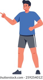 A young man wearing a blue t-shirt and dark shorts stands confidently, pointing with a cheerful expression, exuding enthusiasm and positivity in a minimalist design.