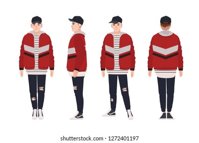 Young man wearing bomber jacket and cap. Teenage boy dressed in trendy apparel. Male cartoon character isolated on white background. Street style look. Front, side, back views. Vector illustration.