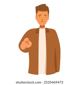 Young man wearing a brown jacket is pointing his finger at you
