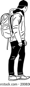 Young man wearing a cap with backpack Traveler Hand drawn line art illustration	
