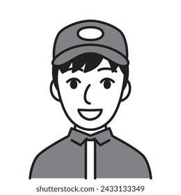 young man wearing cap in green uniform, vector illustration, black and white illustration