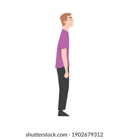 Young Man Wearing Casual Clothes Standing and Waiting, Side View Cartoon Style Vector Illustration