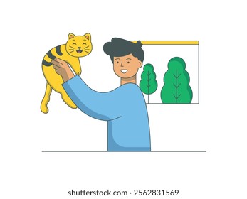 Young man wearing casual clothes holding his pet cat, happy at home. Character design. Vector flat illustration