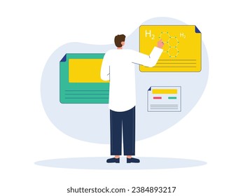 Young man wearing a coat writing on a board laboratory, a science experiment to create a formula. Character design. Vector flat illustration