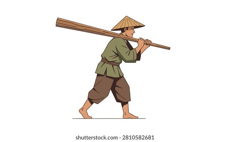 Young man wearing a conical hat carrying a heavy wooden log on his shoulders while walking barefoot across a simple background.