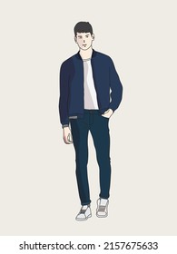 A young man wearing a cool jacket and jeans. Vector illustration. Drawing style. Costume design concept.