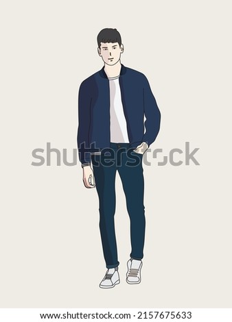 A young man wearing a cool jacket and jeans. Vector illustration. Drawing style. Costume design concept.