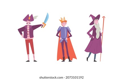 Young Man Wearing Costume of King and Pirate Disguised in Masquerade Outfit Vector Set