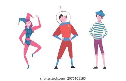 Young Man Wearing Costume of Seaman and Cosmonaut Disguised in Masquerade Outfit Vector Set