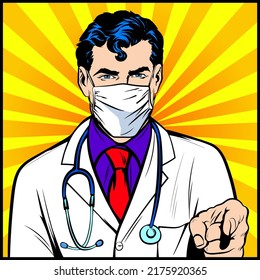 Young Man Wearing Doctor Uniform And Medical Mask Pointing With Finger To The Camera And To You. Pop Art Comic Book Style, Retro, Vintage Illustration Vector