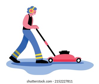 A young man wearing ear protection mowing the lawn with red mower  or cleaning the floor with a floor cleaning engine - flat hand drawn isolated vector illustration
