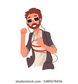Young Man Wearing Earphones Listening to Music, Guy Using Smartphone or Audio Player Vector Illustration