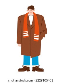 Young man wearing elegant winter or autumn outfit. Vector illustration of a character wearing a long coat, bright scarf and shoes. Warm winter fashion in cute hand drawn style.