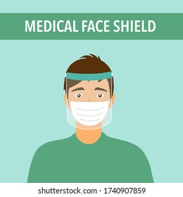 A young man wearing face mask and a plastic medical face shield. Close up shot guy face wearing Covid-19 coronavirus protective mask. Virus protection equipment. Healthcare concept.