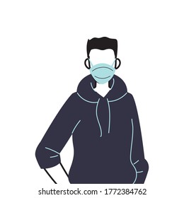 young man wearing face mask to prevent virus vector illustration design
