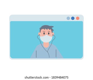 joven con máscara facial escuchar música en la plantilla de página web diseño de ilustración vectorial