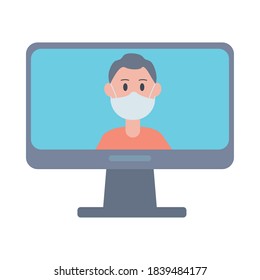 young man wearing face mask in desktop vector illustration design