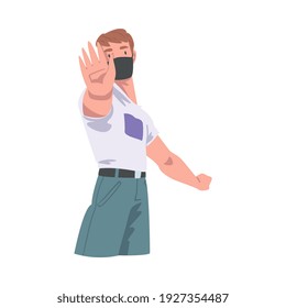 Young Man Wearing Face Mask Showing Stop Virus Sign with His Hand Vector Illustration