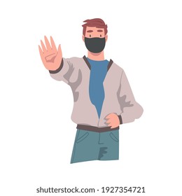 Young Man Wearing Face Mask Showing Stop Virus Sign with His Hand Vector Illustration