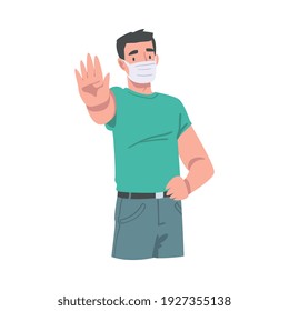 Young Man Wearing Face Mask Showing Stop Virus Sign with His Hand Vector Illustration